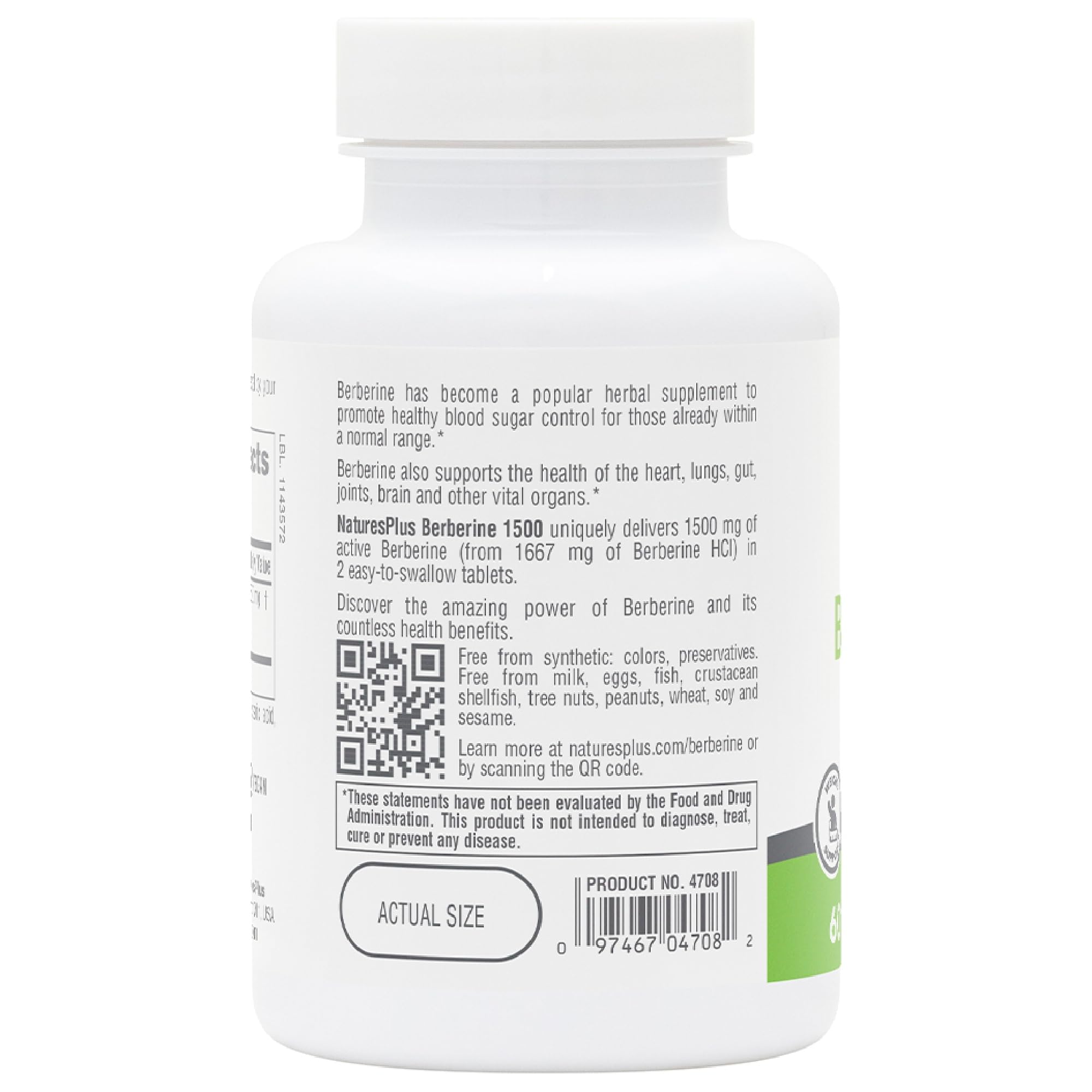 Close-up of Berberine 1500 mg product label