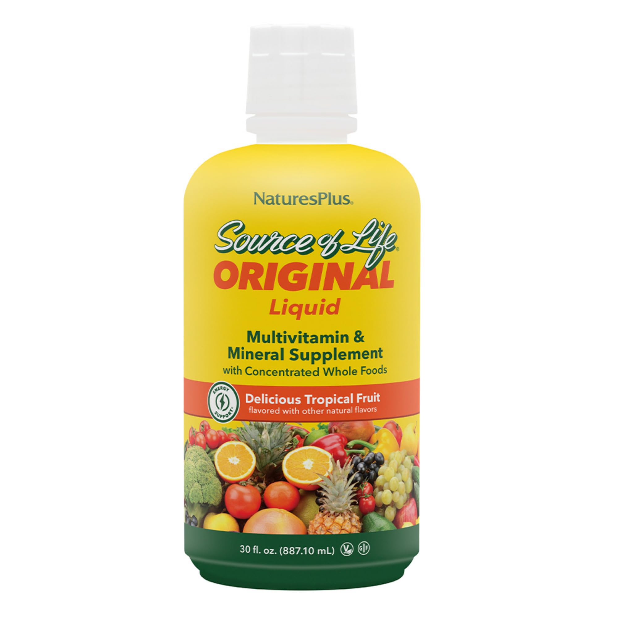 Natures Plus Source of Life Liquid Tropical Fruit bottle label, 30 fl oz