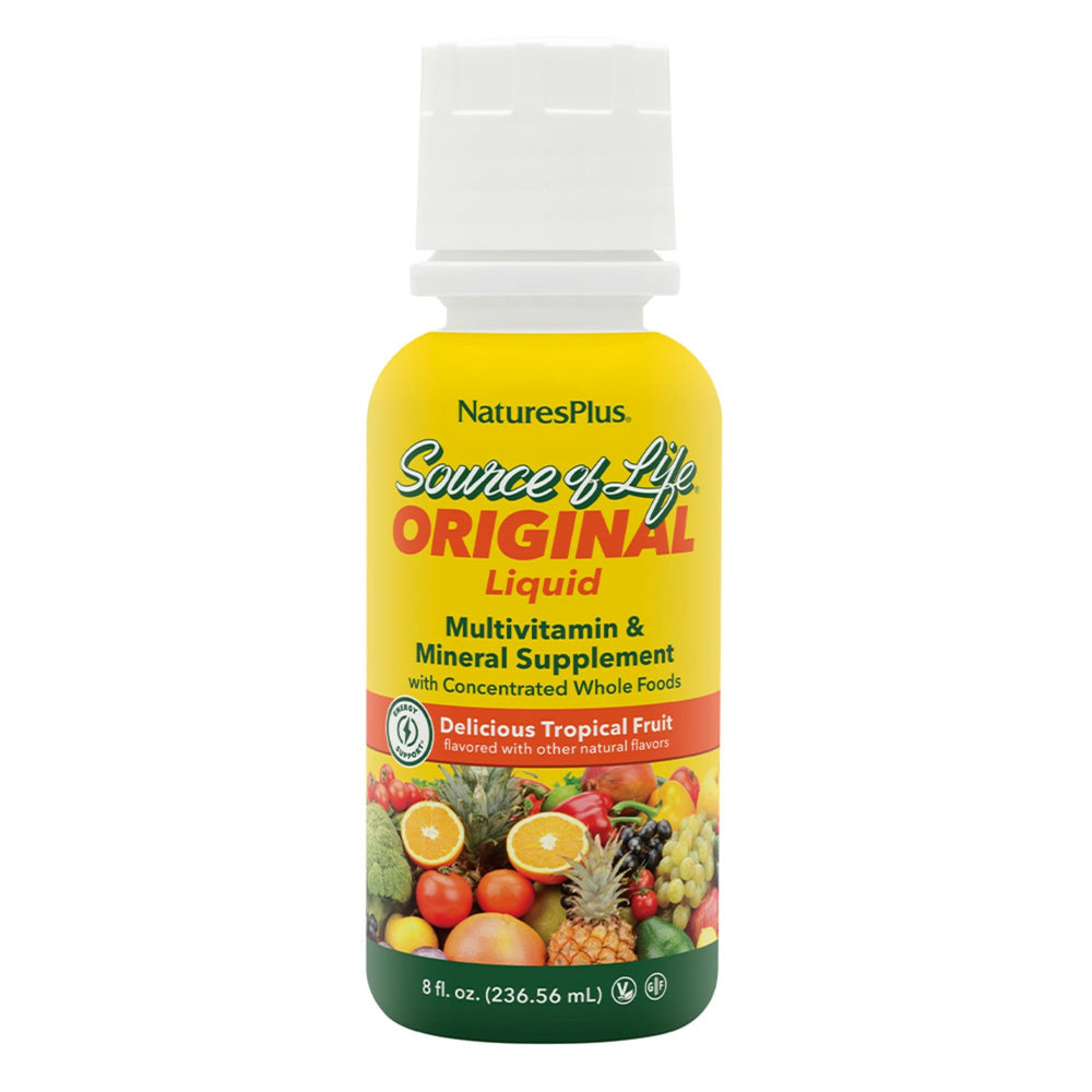 Front view of Natures Plus Source of Life Liquid Tropical Fruit 8 oz bottle