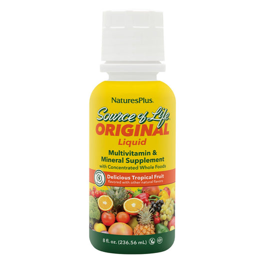 Front view of Natures Plus Source of Life Liquid Tropical Fruit 8 oz bottle