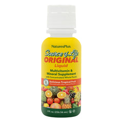 Front view of Natures Plus Source of Life Liquid Tropical Fruit 8 oz bottle