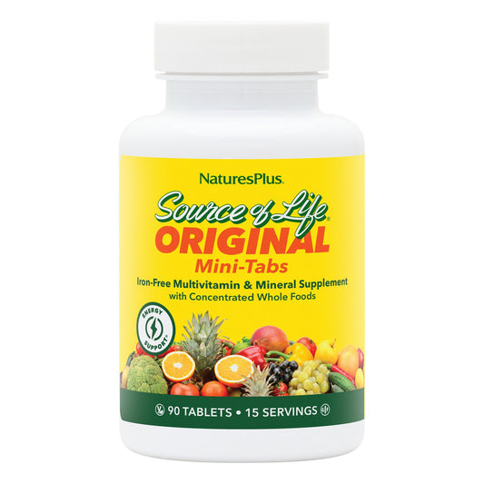 Bottle and label for Natures Plus Source of Life Mini-Tabs No Iron