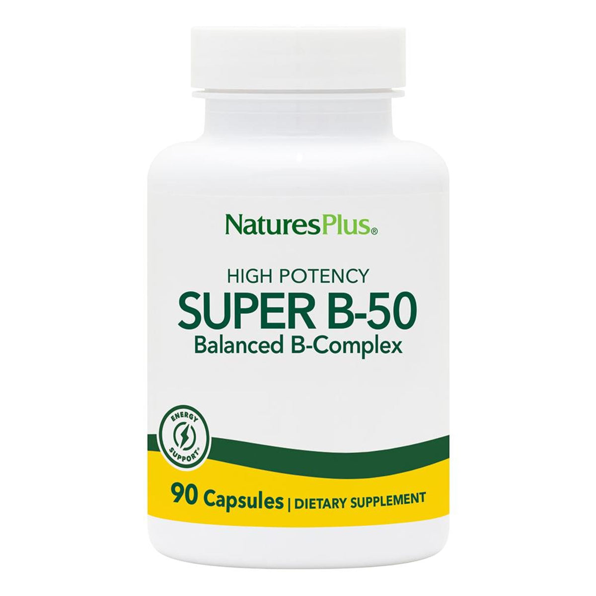 Front view of Natures Plus Super B50-90 bottle with label