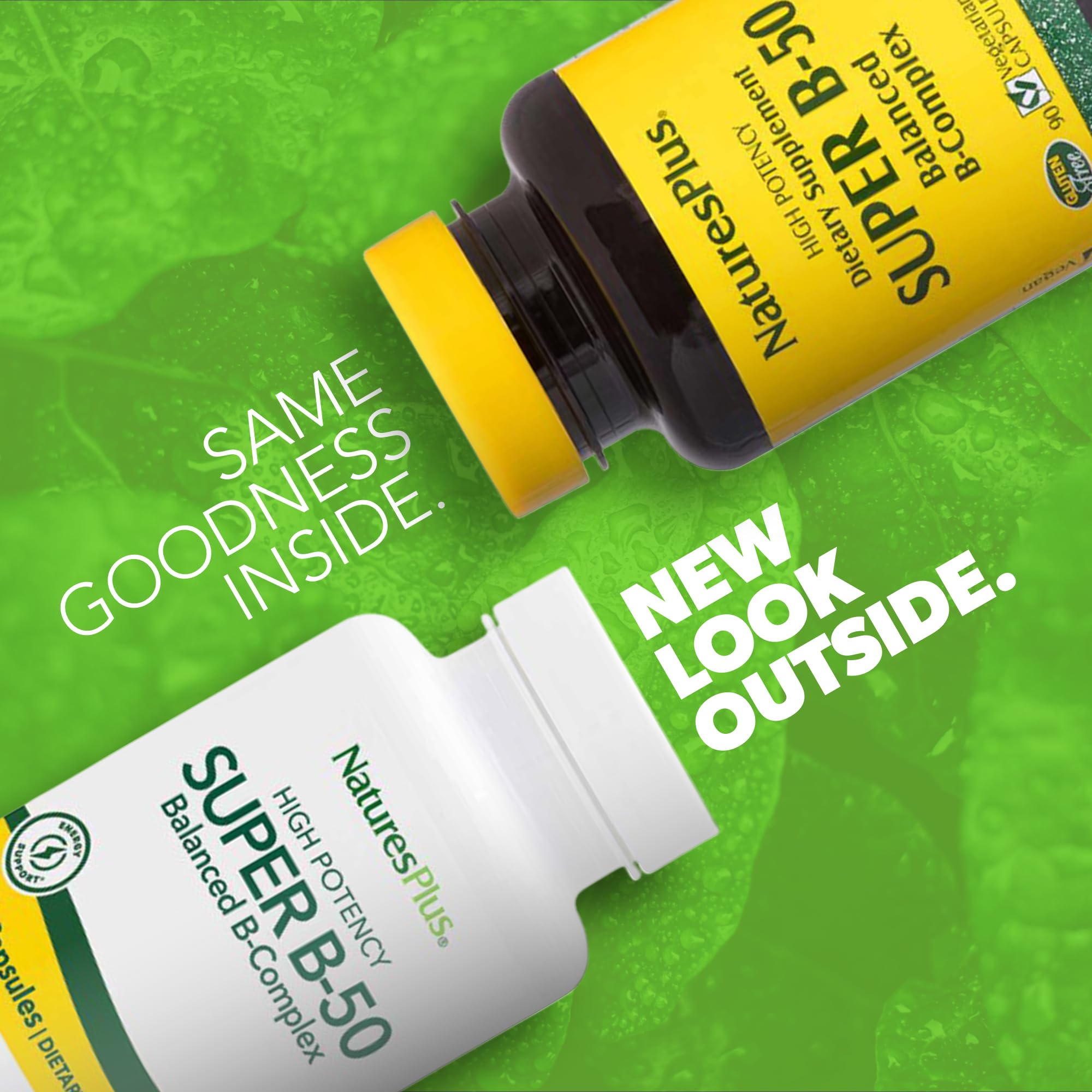 Close-up of product label featuring gluten-free and B complex vitamins