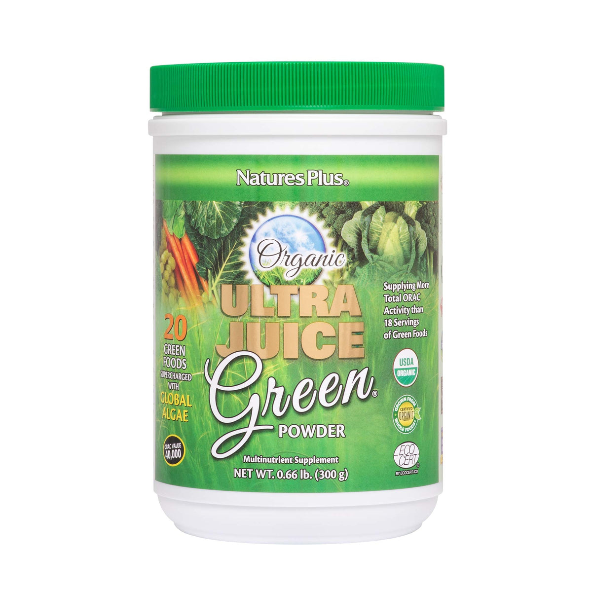 Front view of Natures Plus Ultra Juice Green Powder container