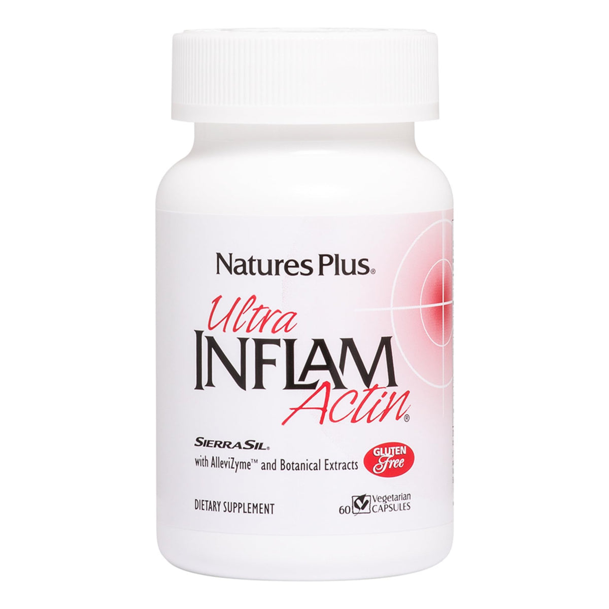 Natures Plus Ultra natural supplement bottle showing turmeric, bromelain, MSM, boswellia and ginger ingredients