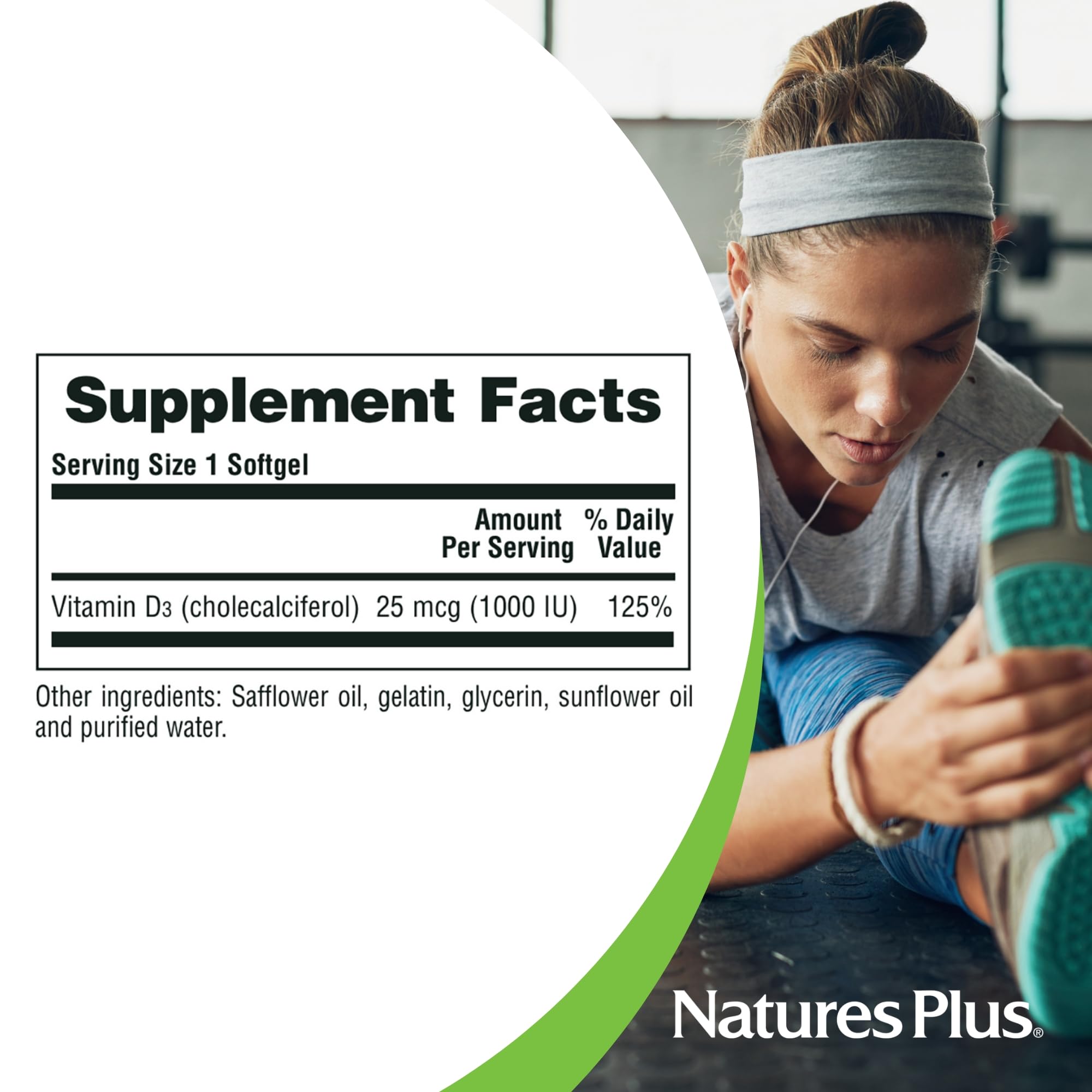 cGMP manufacturing and NSF compliance badges on Vitamin D3 bottle