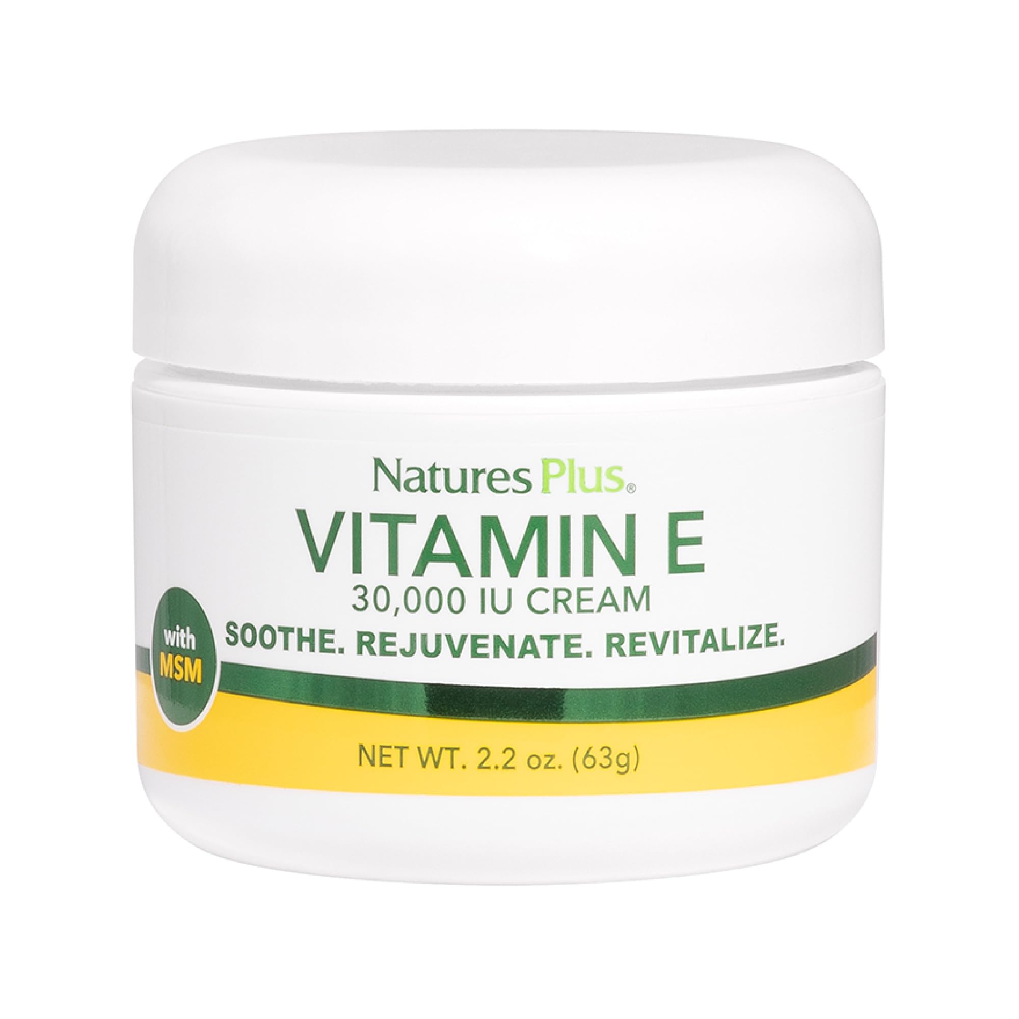 Front view of Natures Plus Vitamin E Cream bottle with 30,000 IU, 2.2 oz