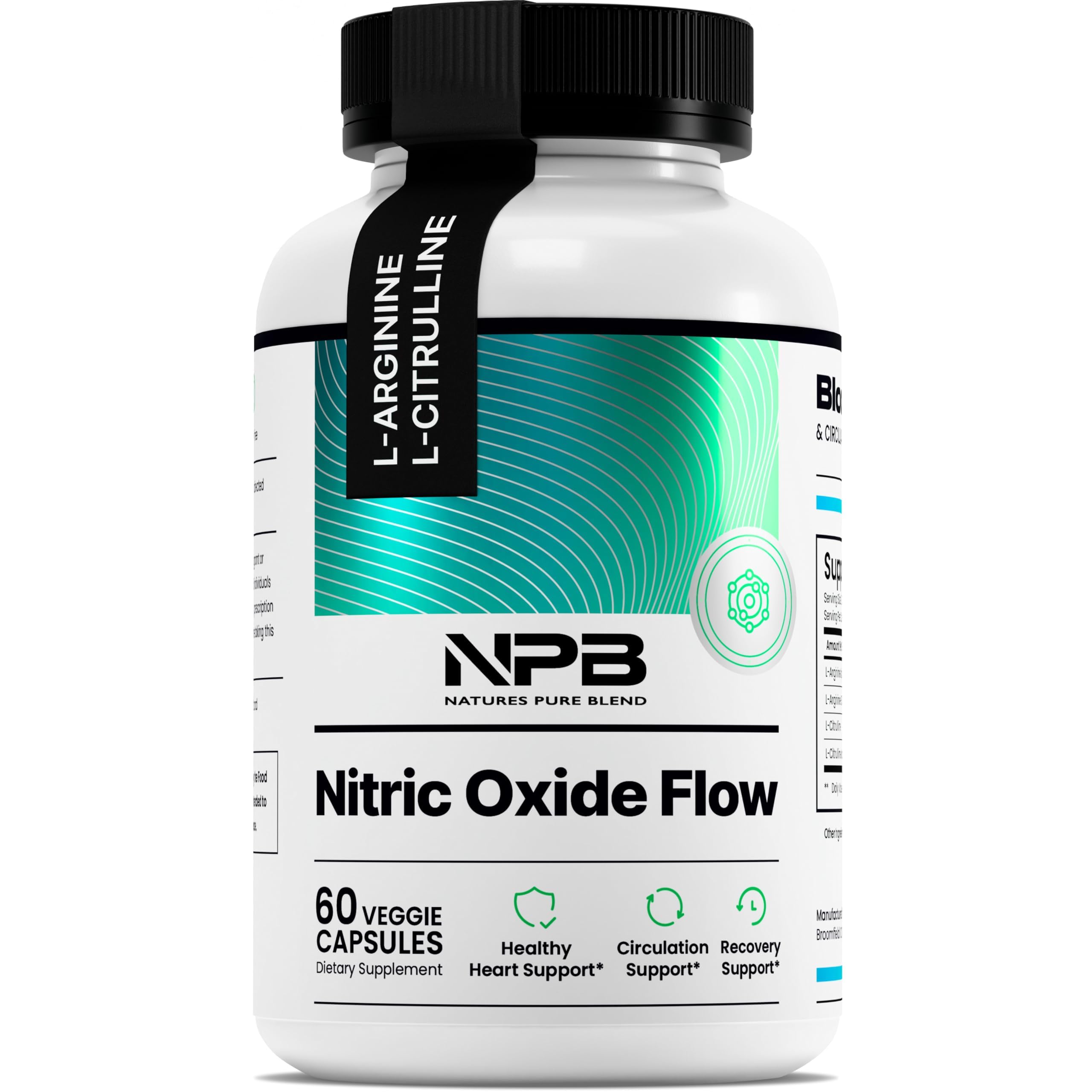 Nature's Pure Blend Nitric Oxide bottle label highlights gluten-free formula for circulation support