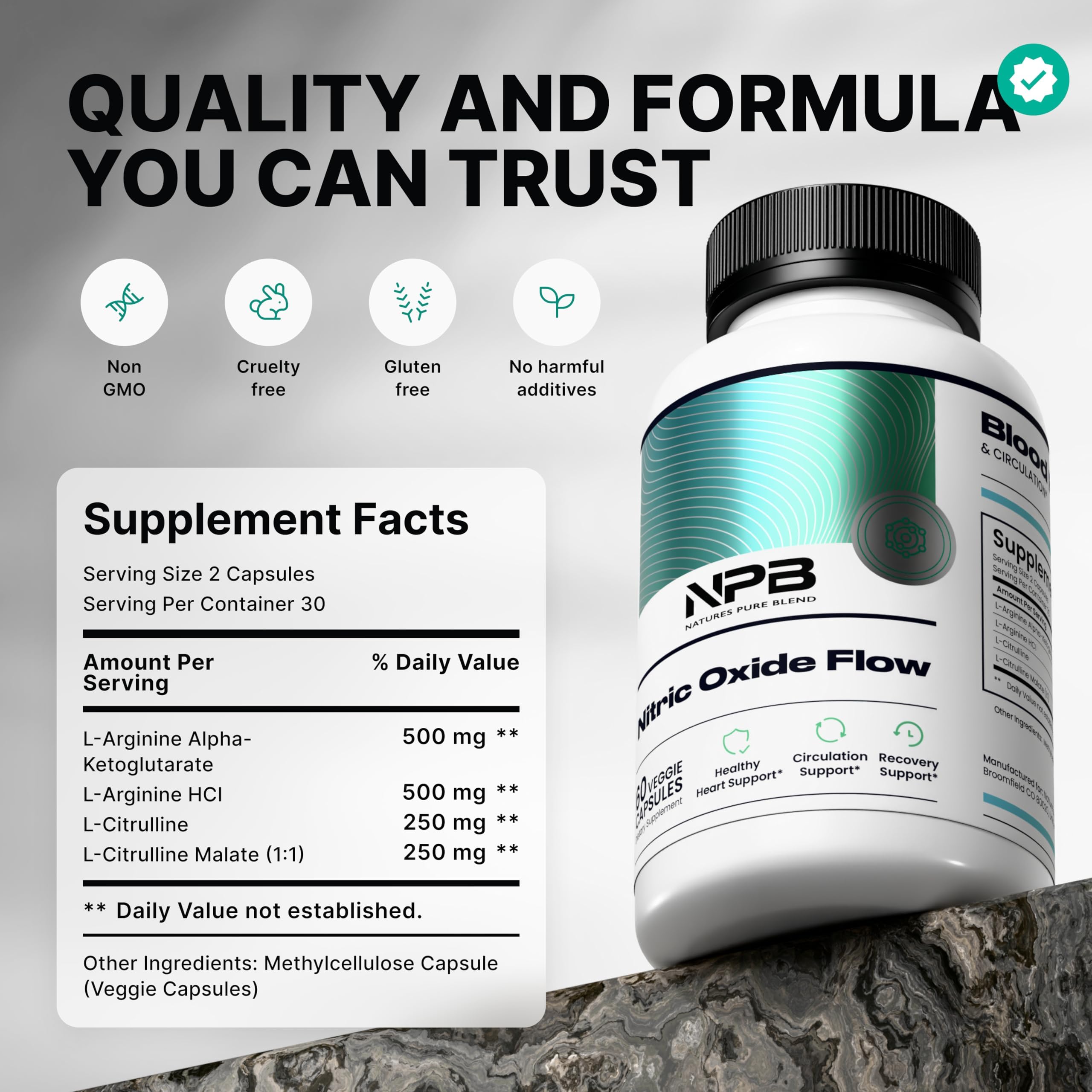 Nature's Pure Blend Nitric Oxide capsules arranged to suggest daily energy support