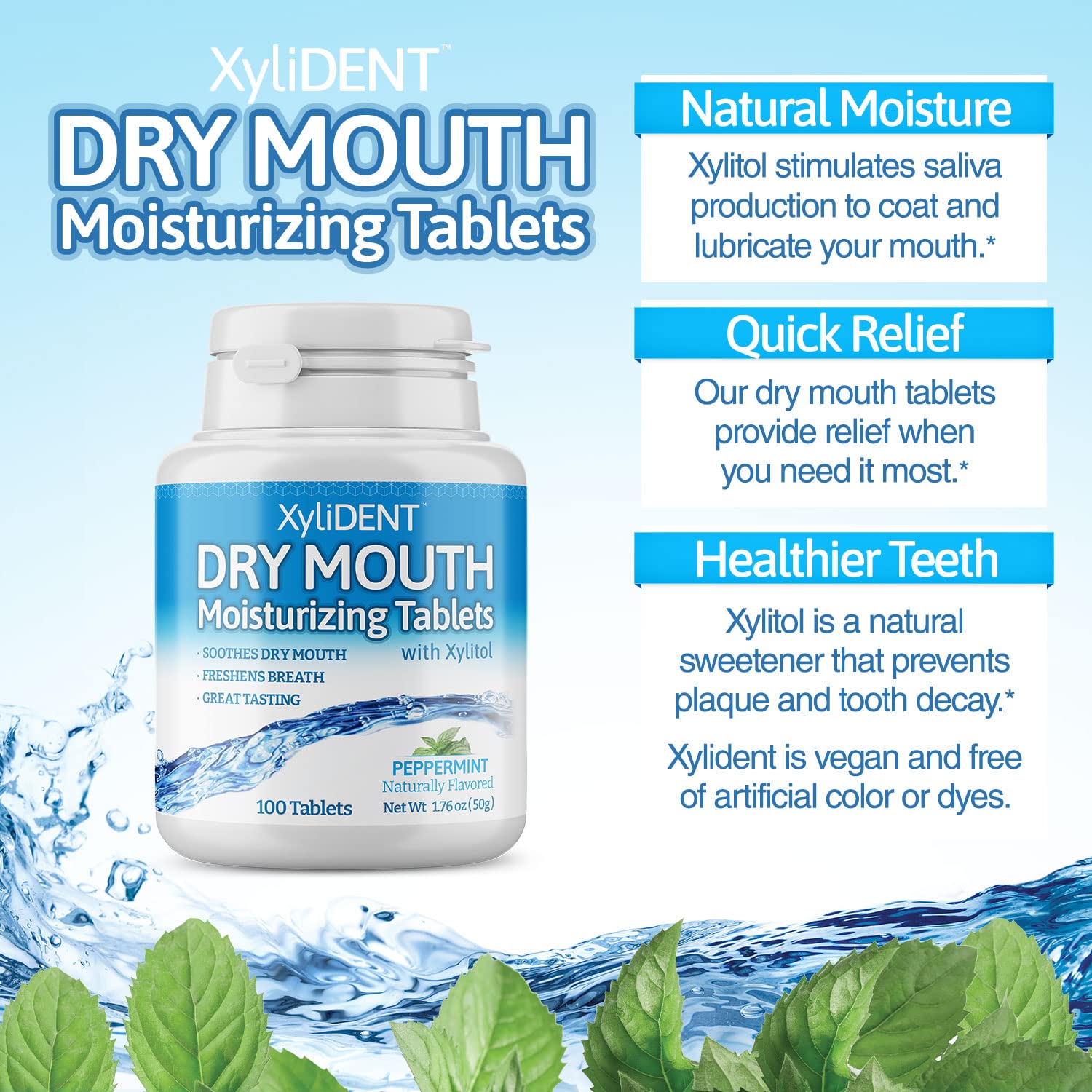 Close-up of peppermint-flavored XyliDENT dry mouth tablets