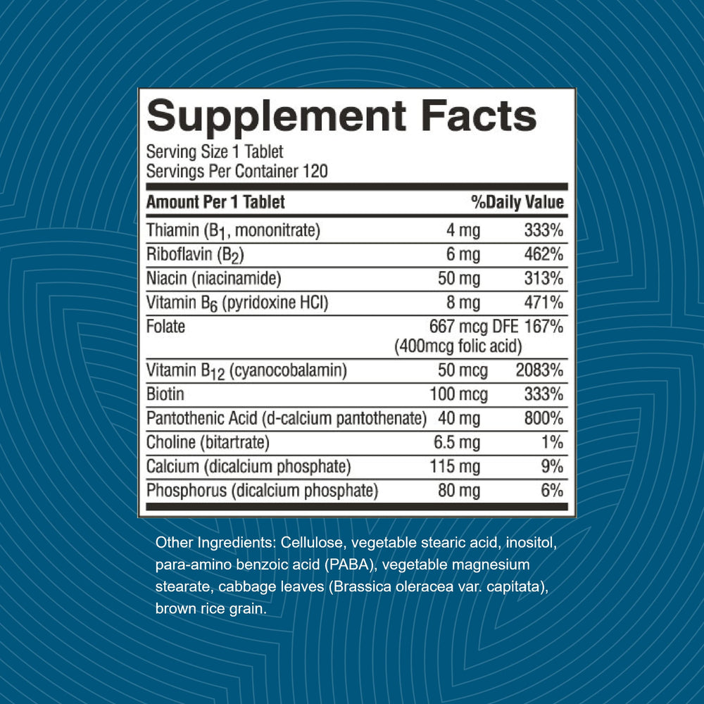 Ingredients listing featuring thiamin, riboflavin and other B vitamins