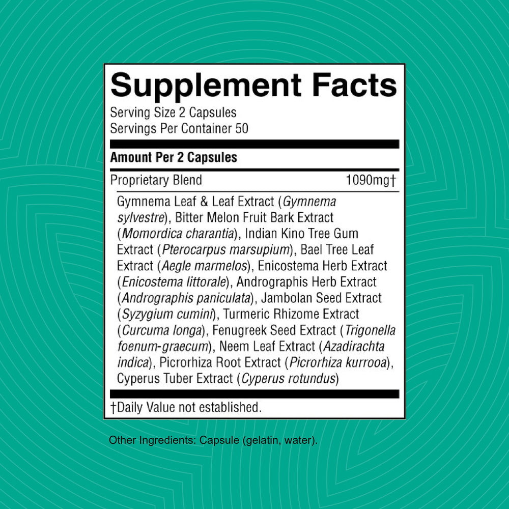 Arrangement of capsules and bottle from Nature's Sunshine Blood Sugar Formula
