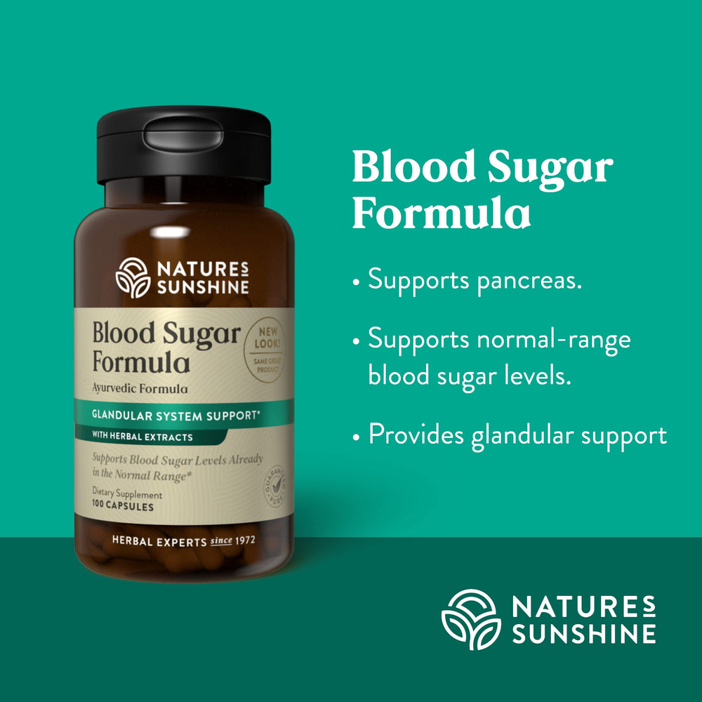 Product packaging and marketing materials for Nature's Sunshine Blood Sugar Formula
