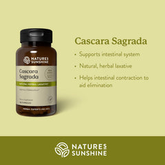 Nature's Sunshine Cascara Sagrada capsules close-up highlighting easy-to-swallow design.