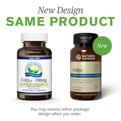 Lifestyle image showing Nature's Sunshine CoQ10-60 Softgel Capsules on countertop