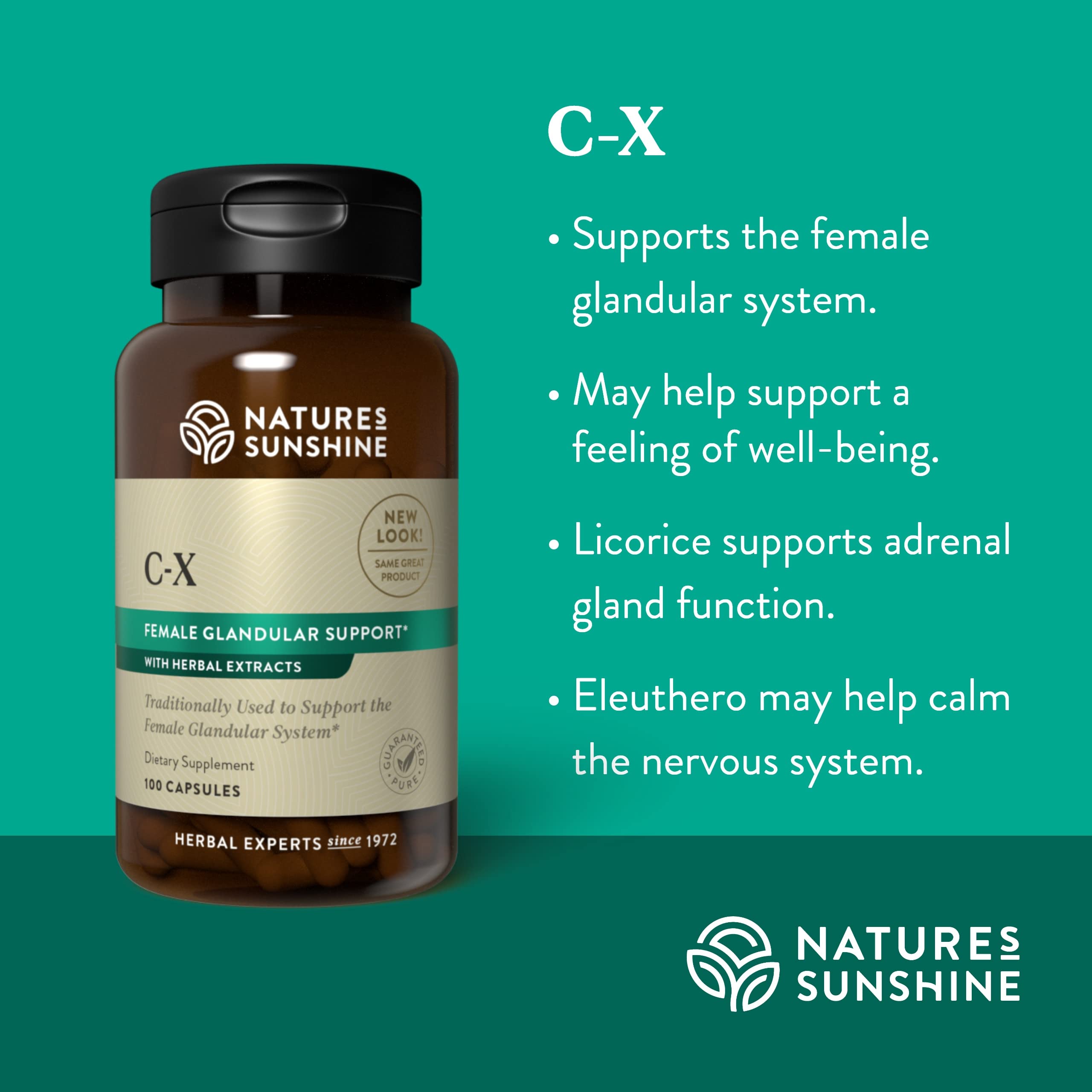 Nature's Sunshine C-X (100) capsules arranged on white background
