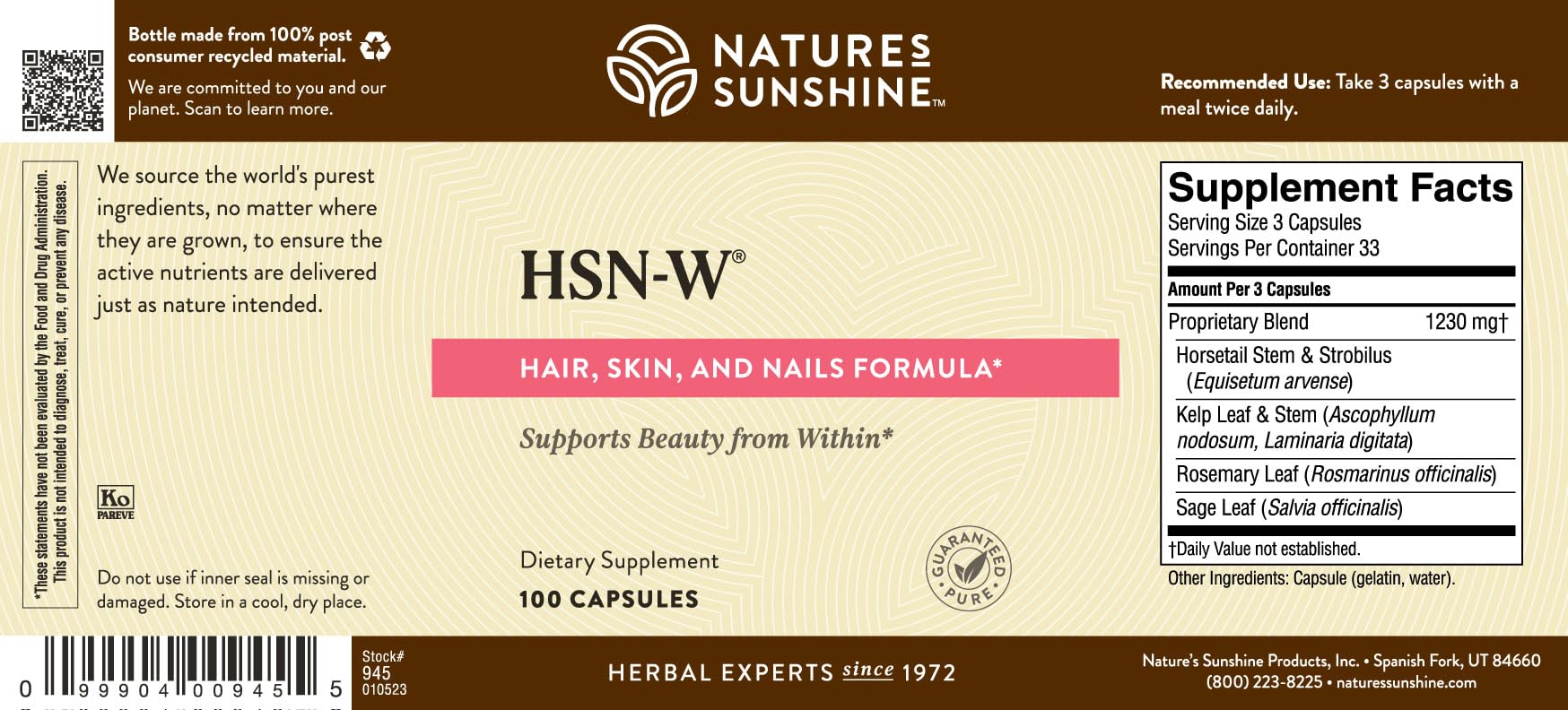 Front view of Nature's Sunshine HSN-W bottle