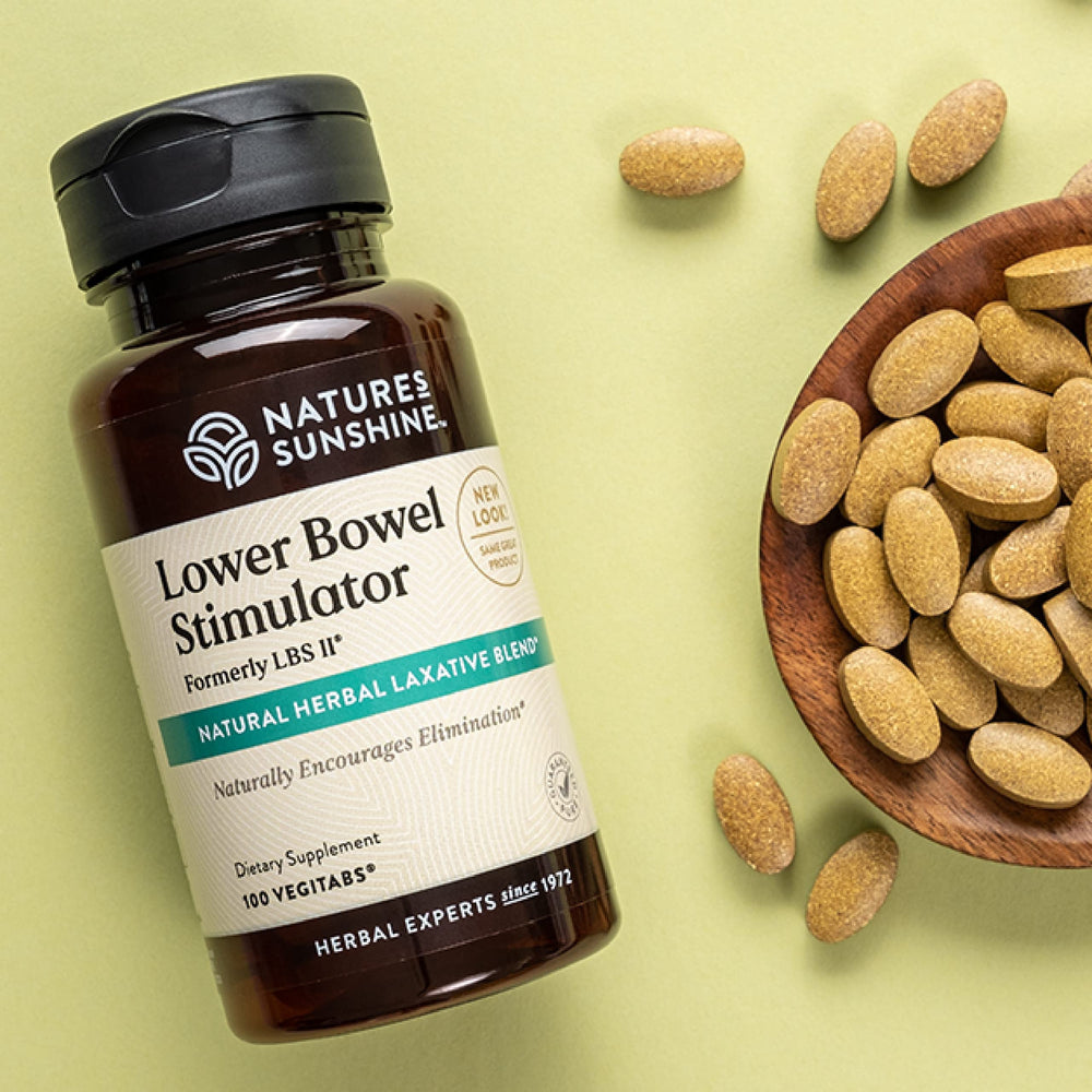 Capsules closeup of Nature's Sunshine Lower Bowel Stimulator showing easy-to-swallow form