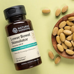Capsules closeup of Nature's Sunshine Lower Bowel Stimulator showing easy-to-swallow form