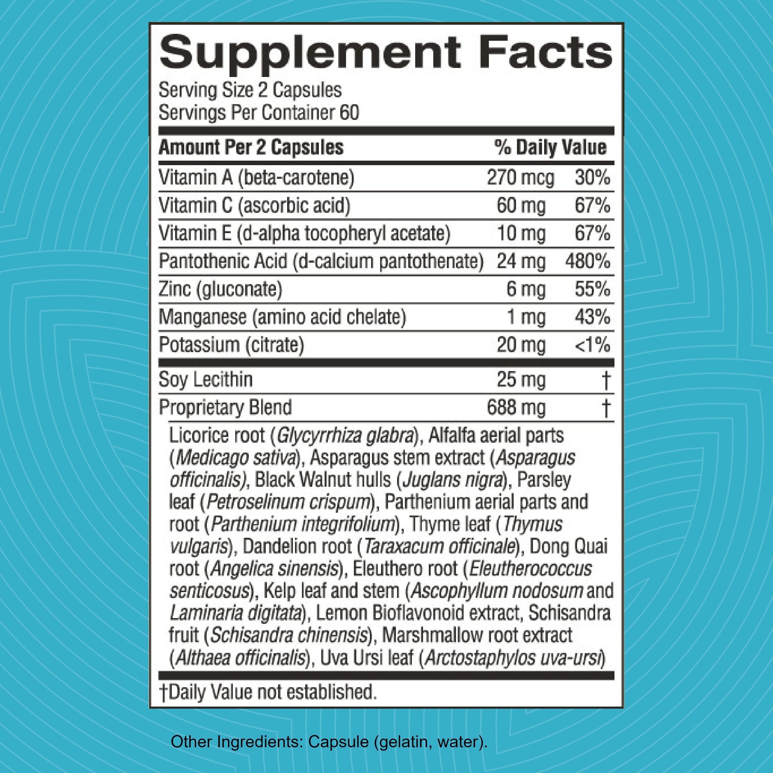 Close-up of Master Gland capsules and nutritional ingredients
