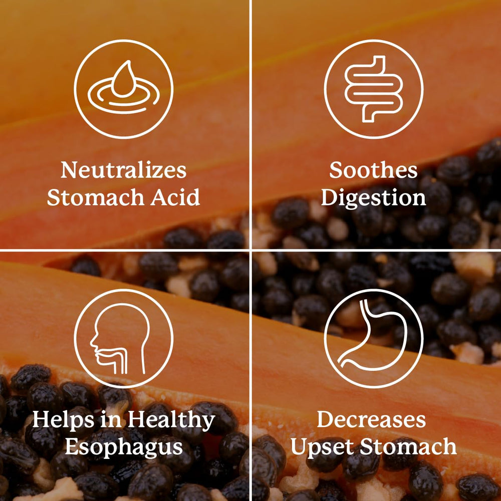 Nature's Sunshine Stomach Comfort papaya imagery hints gentle enzymatic digestion support