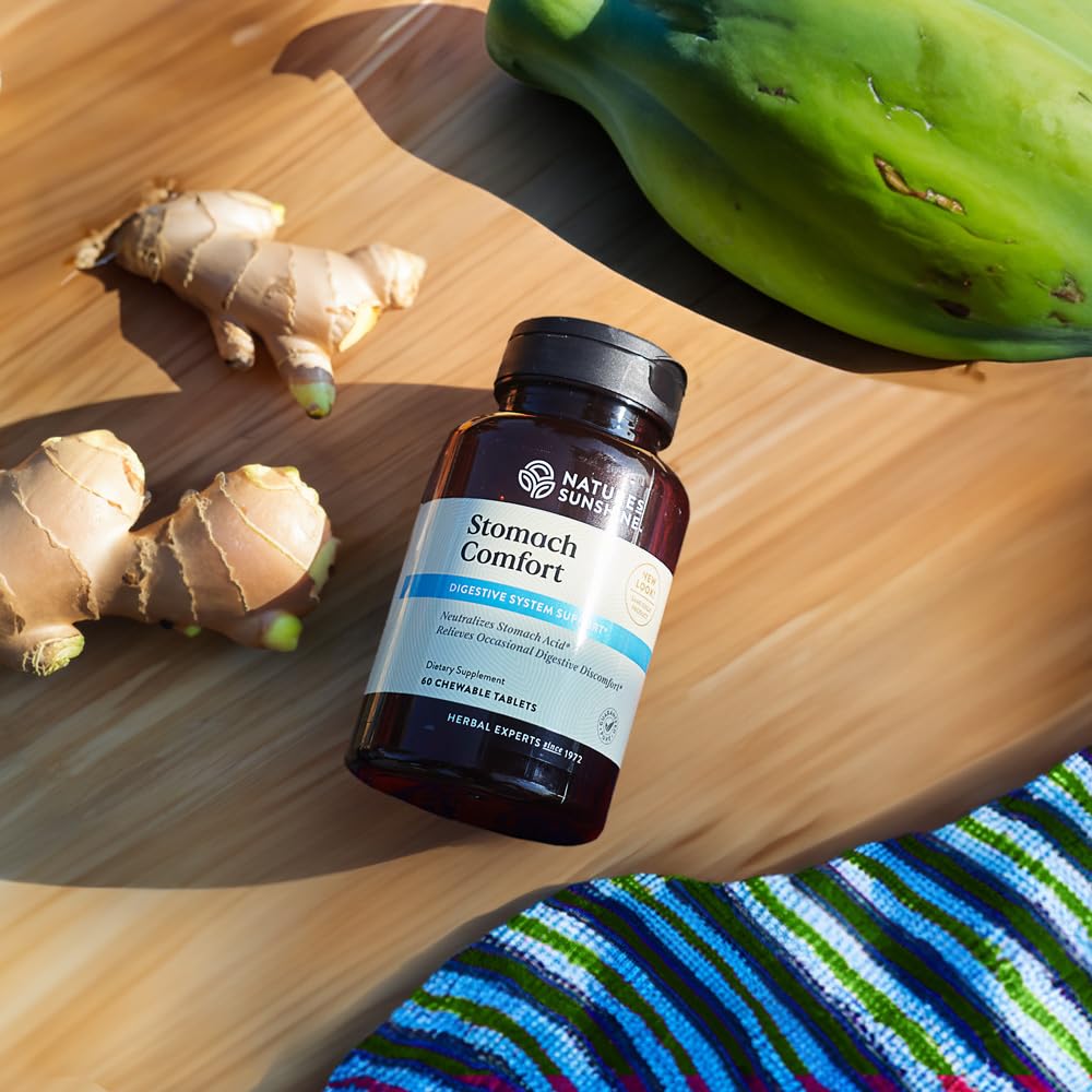 Nature's Sunshine Stomach Comfort slippery elm illustration emphasizes natural soothing properties