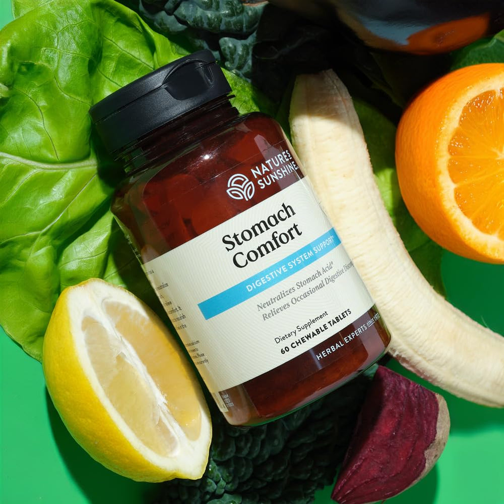 Nature's Sunshine Stomach Comfort tablets closeup showing convenient chewable form