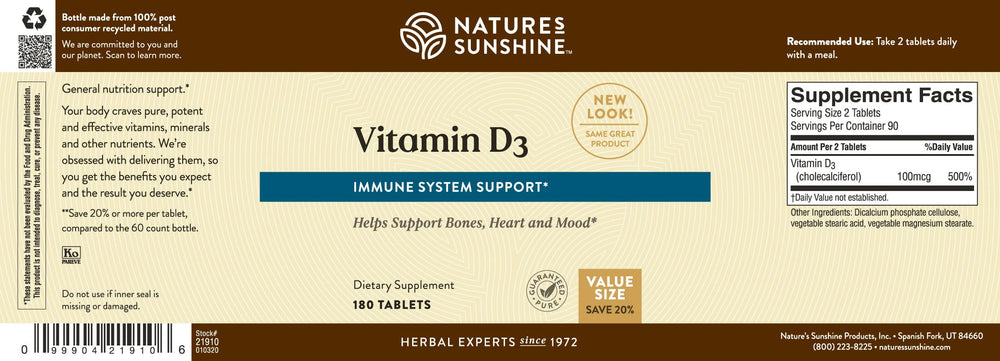 Nature's Sunshine Vitamin D3 value-pack packaging emphasizing savings per dose