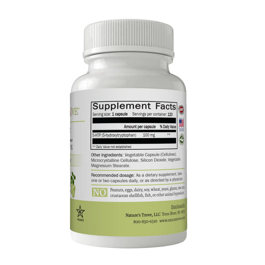 Close-up of Nature's Trove 5-HTP 100mg capsules