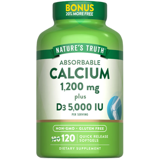Front view of Nature's Truth Absorbable Calcium 1200 mg with Vitamin D3 5000 IU bottle