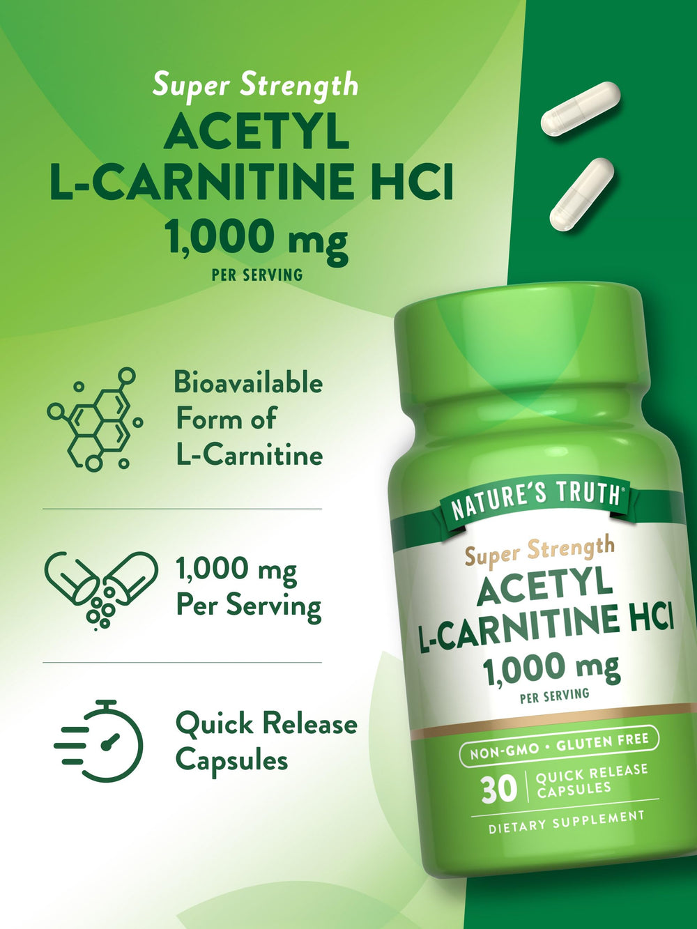 Nature's Truth Acetyl L-Carnitine 1000mg | 30 Capsules | Super Strengt ...