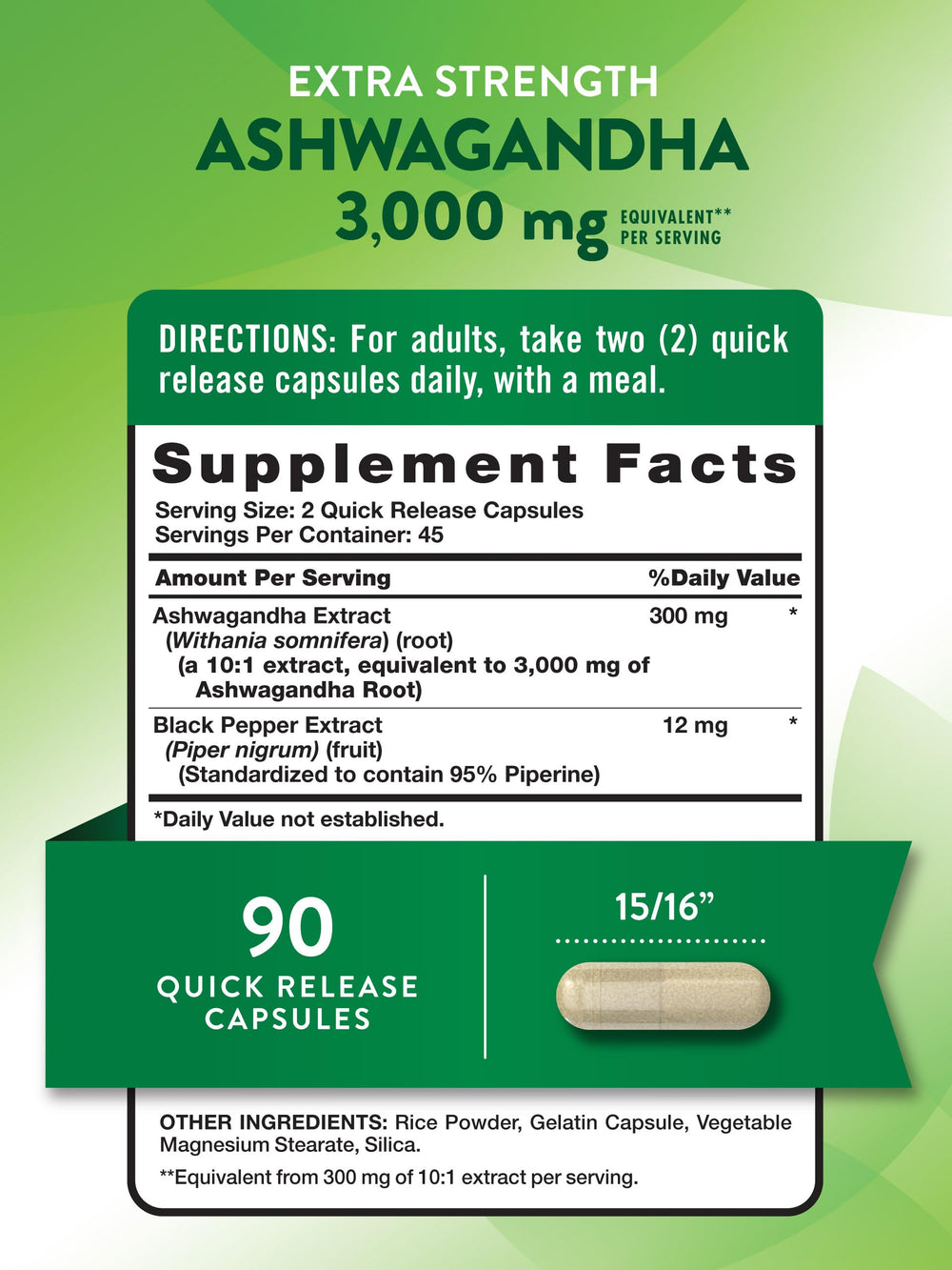 Close-up of Nature's Truth Ashwagandha Capsules bottle showing 3000mg per serving