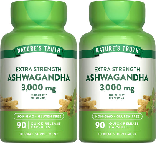 Nature's Truth Ashwagandha Capsules 3000mg Pack of 2 – front view of bottle