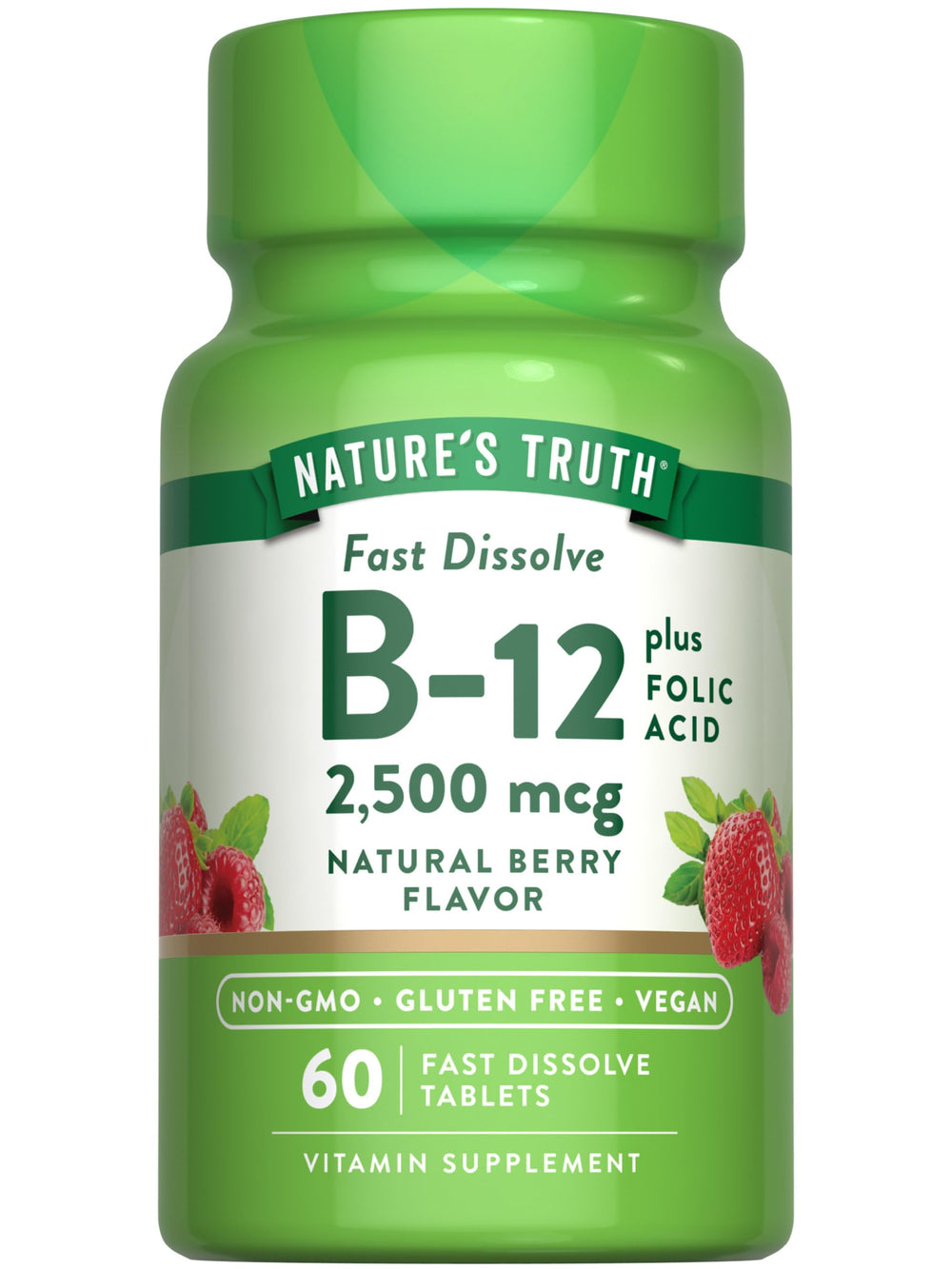 Hero image of Nature's Truth B12 Vitamin with 60 fast-dissolve tablets in berry flavor