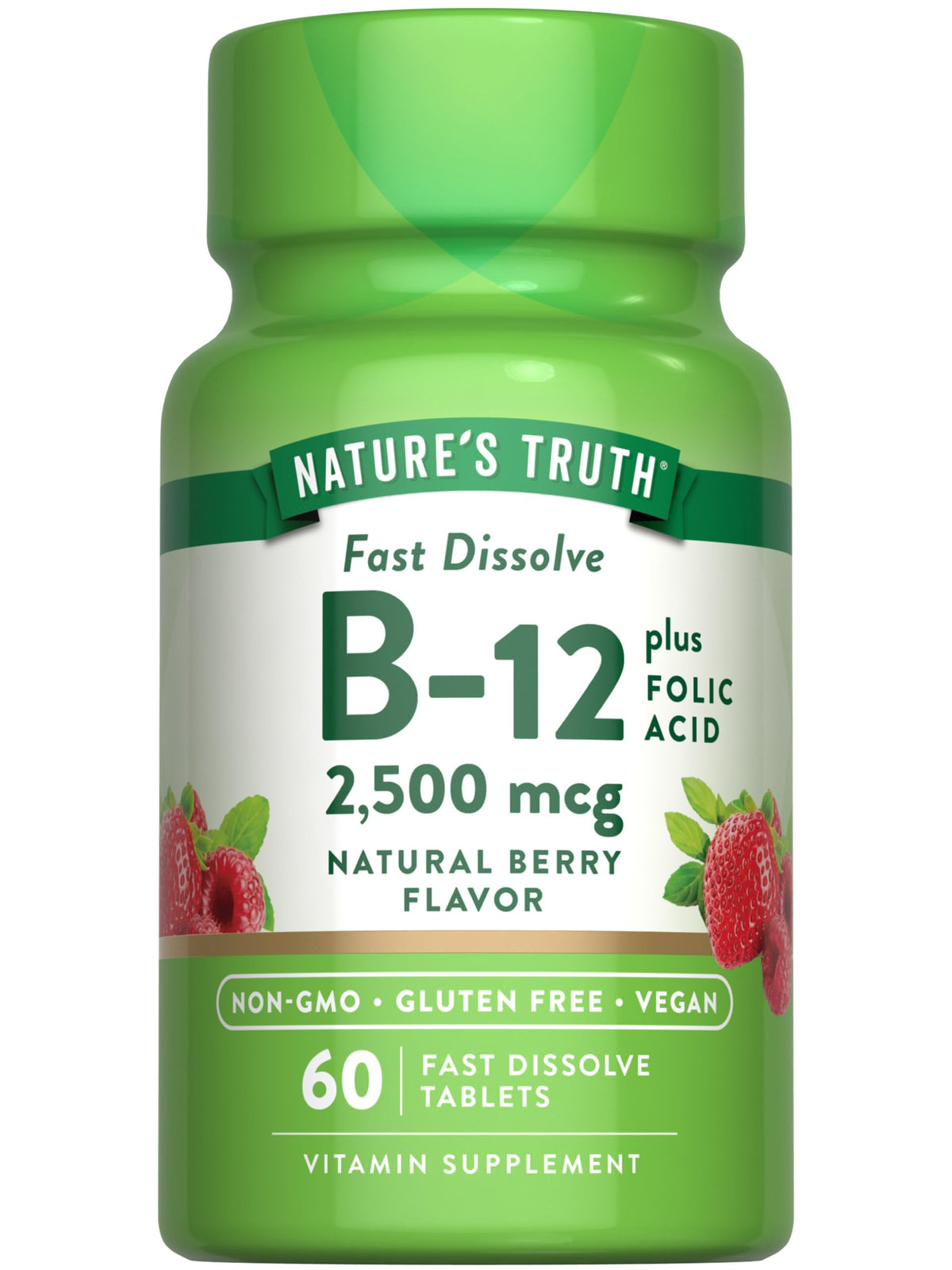 Hero image of Nature's Truth B12 Vitamin with 60 fast-dissolve tablets in berry flavor