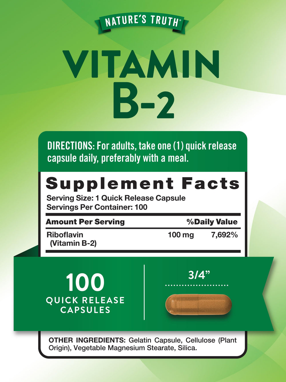 Nutrition facts for Riboflavin (Vitamin B2) 100mg