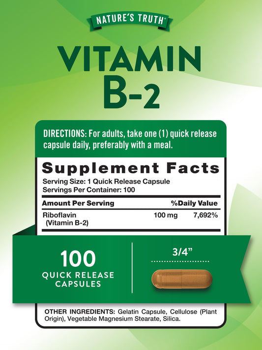 Nutrition facts for Riboflavin (Vitamin B2) 100mg