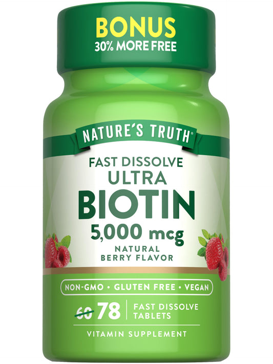 Bottle of Nature's Truth Biotin 5000mcg 78 fast-dissolve tablets with natural berry flavor