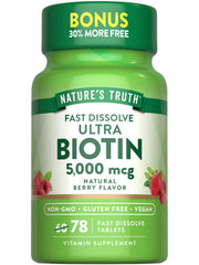 Bottle of Nature's Truth Biotin 5000mcg 78 fast-dissolve tablets with natural berry flavor