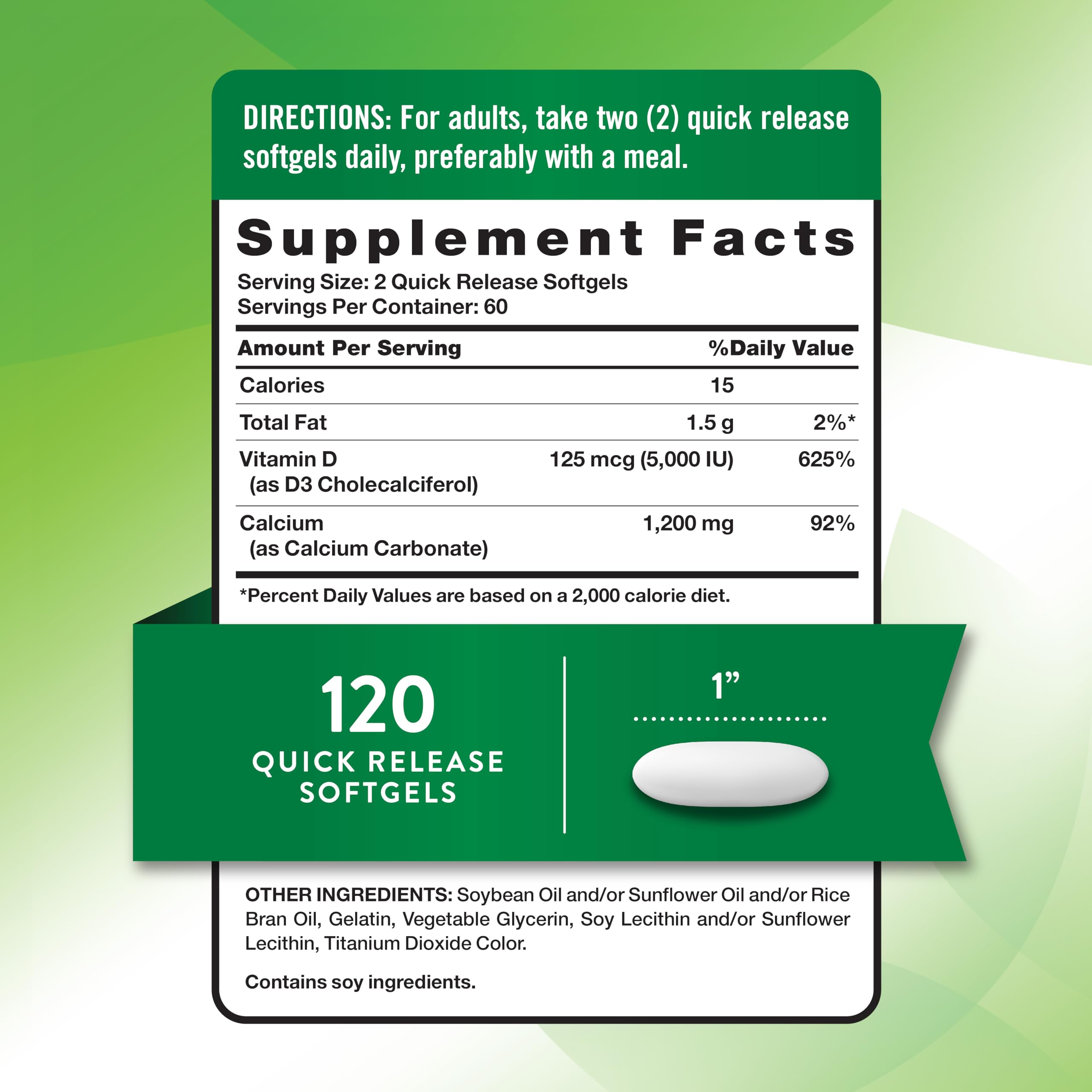 Bottle of Nature's Truth calcium and vitamin D3 120 softgels side view