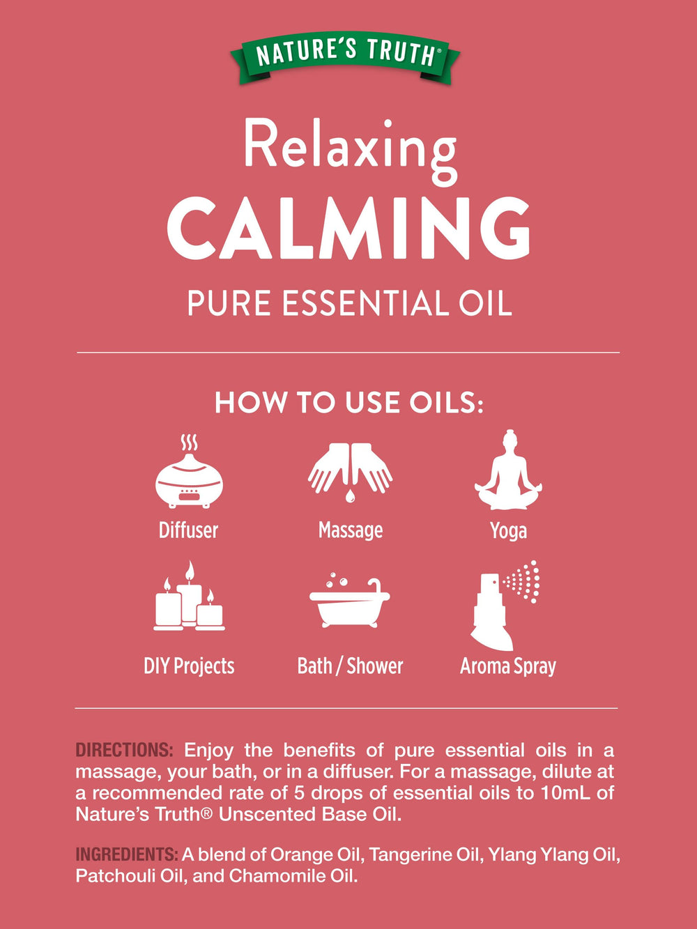 Calming essential oil blend with orange, tangerine, ylang-ylang, patchouli, chamomile