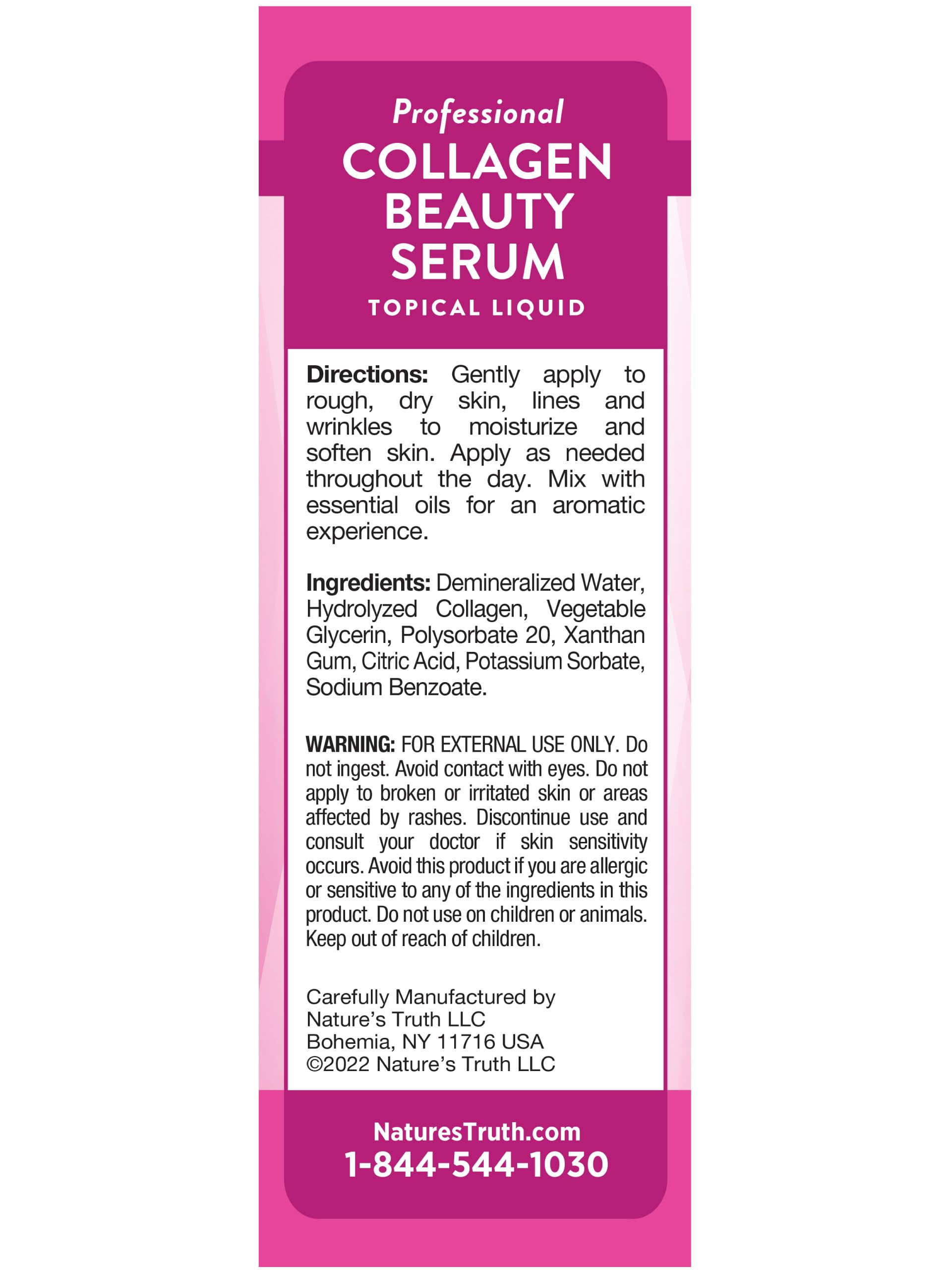 Nature's Truth Collagen Beauty Serum label notes gluten and parabens free.