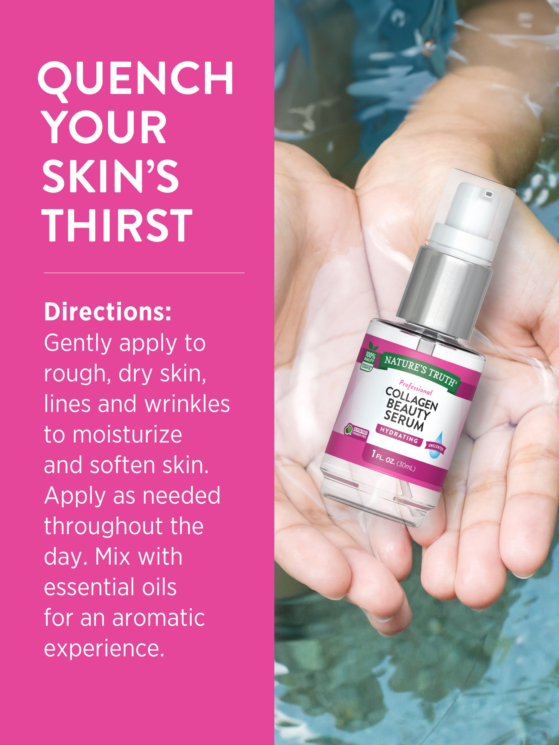 Nature's Truth Collagen Beauty Serum skin application showing smooth hydration.