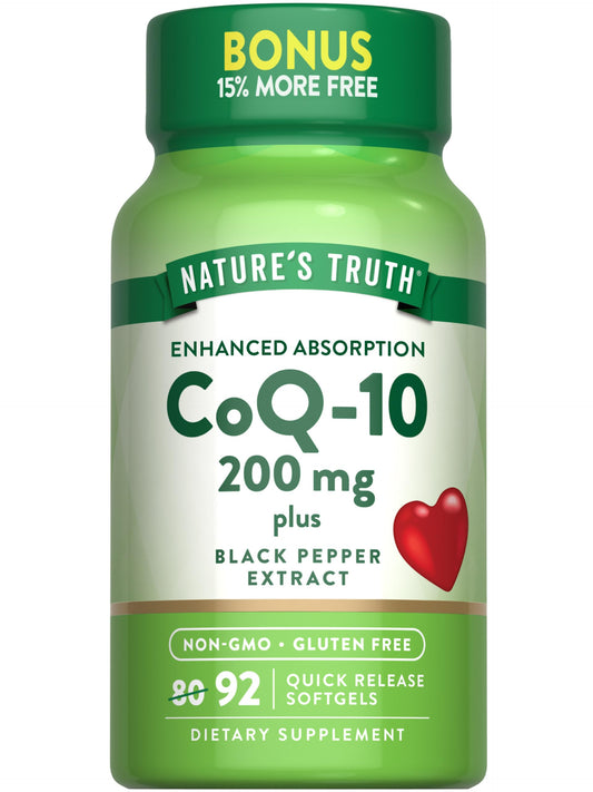 Front view of Nature's Truth CoQ10 200 mg softgels bottle and label