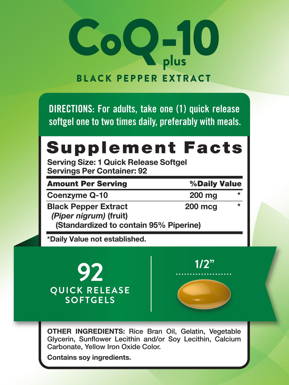 Non-GMO and Gluten-Free Nature's Truth CoQ10 packaging label