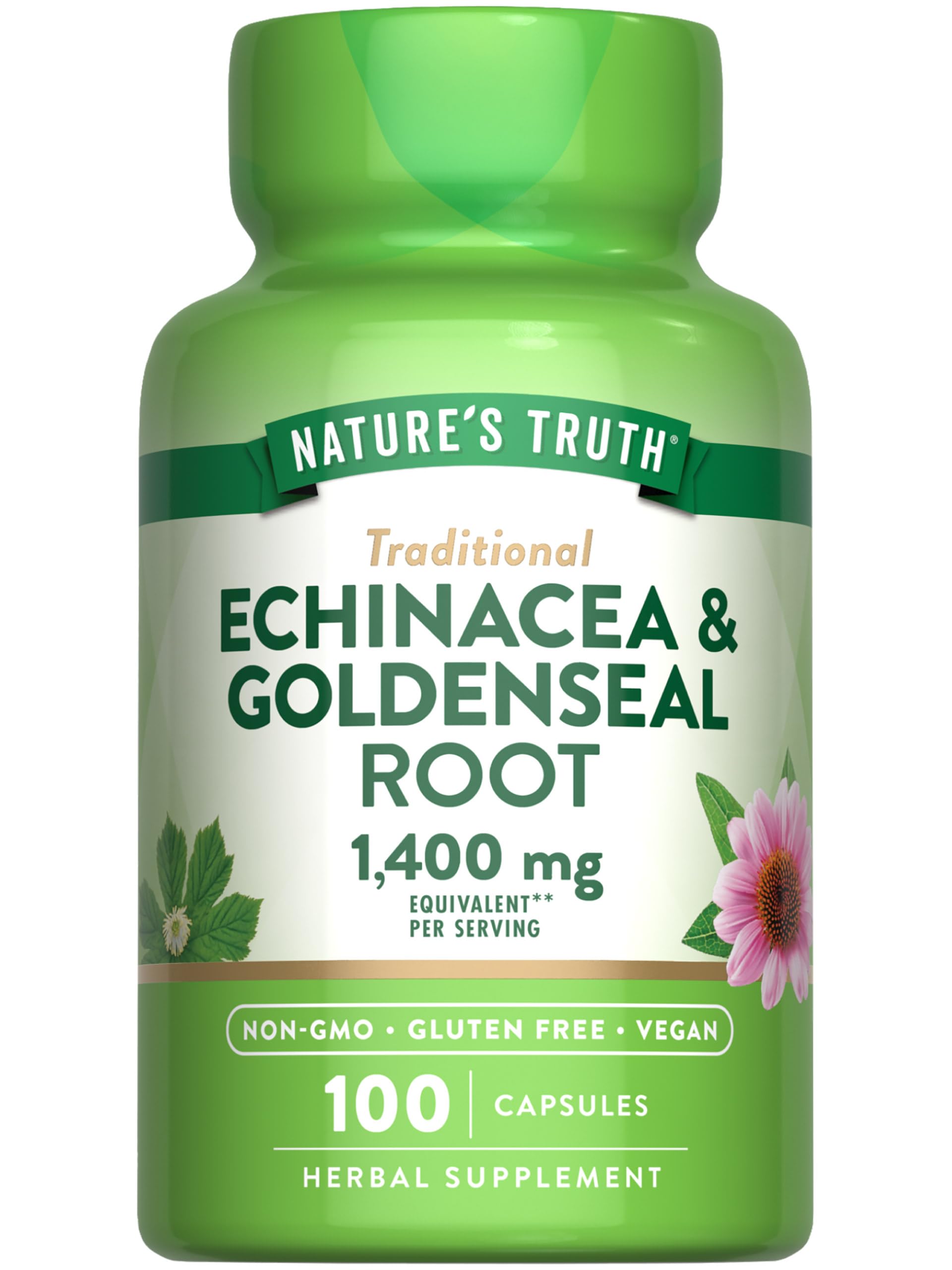 Bottle of Nature's Truth Echinacea Goldenseal Capsules 100 count