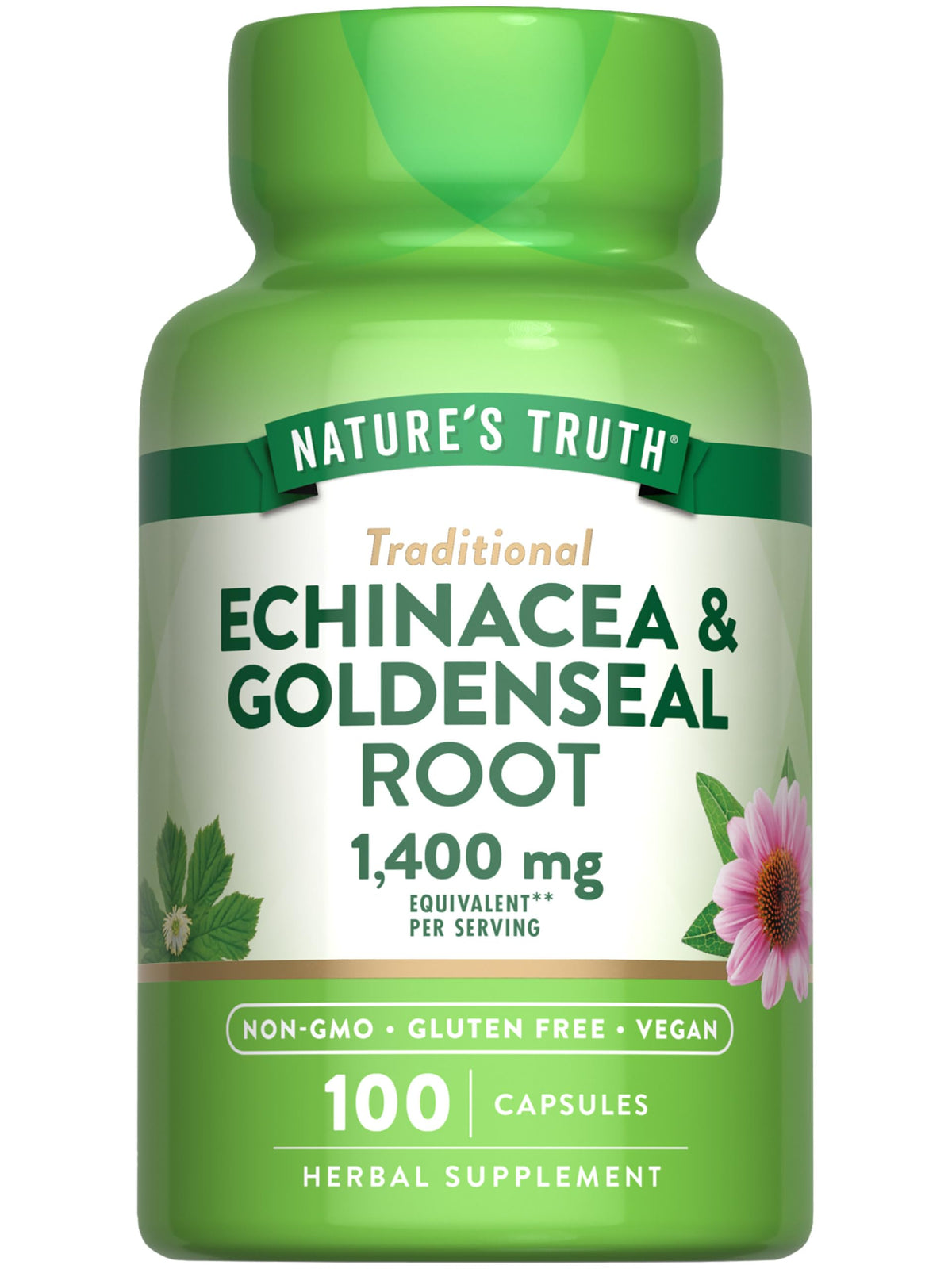 Bottle of Nature's Truth Echinacea Goldenseal Capsules 100 count