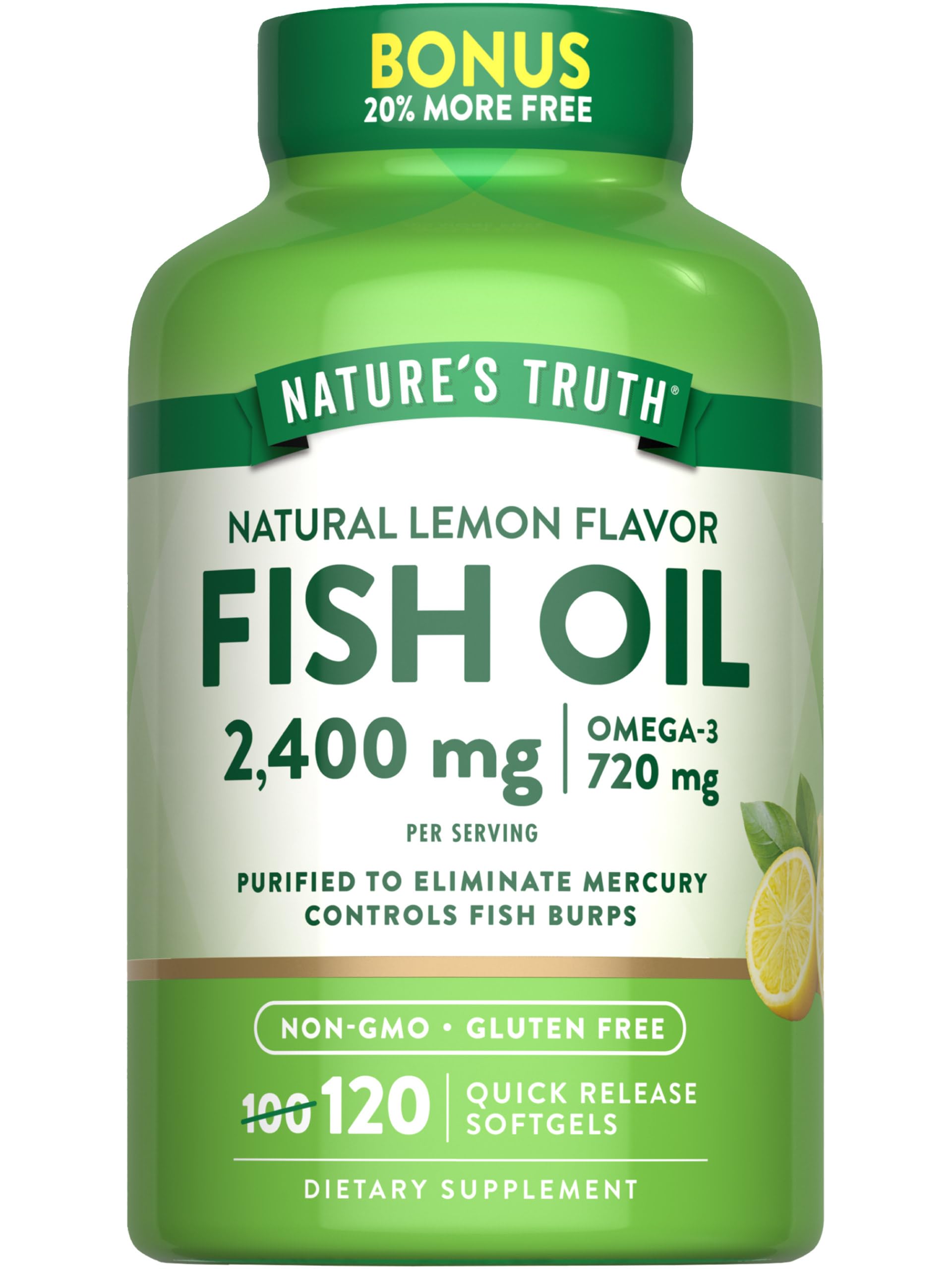 Nature's Truth Fish Oil 2400mg bottle with lemon-flavored softgels