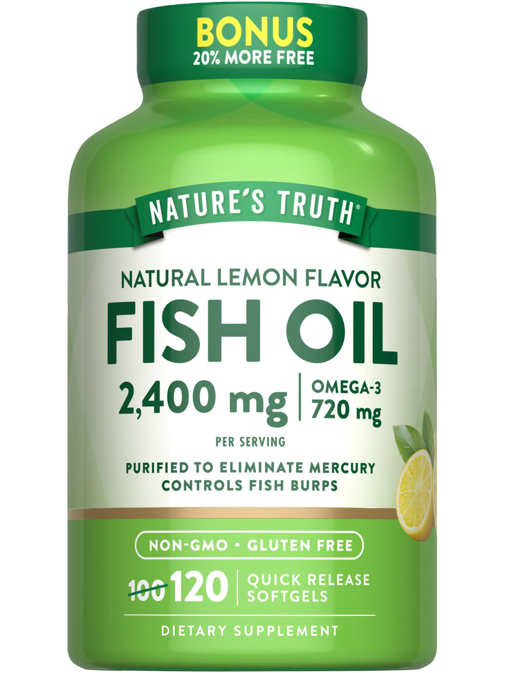 Nature's Truth Fish Oil 2400mg bottle with lemon-flavored softgels
